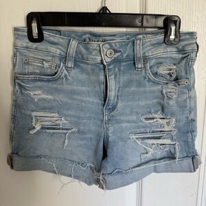 American Eagle Midi Denim Shorts • Size 4 • Light Wash, Distressed